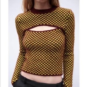 NWT ZARA Jacquard Knit Cutout Cropped Checkerboard Checkered Sweater